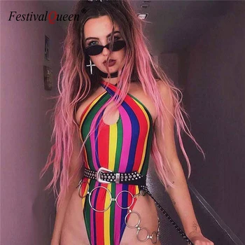 

Colorful Stripes Criss Cross Bodysuit Print High Cut Skinny Jumpsuit Sexy Women Rave Festival Party Fashion Overalls Ropa Mujer