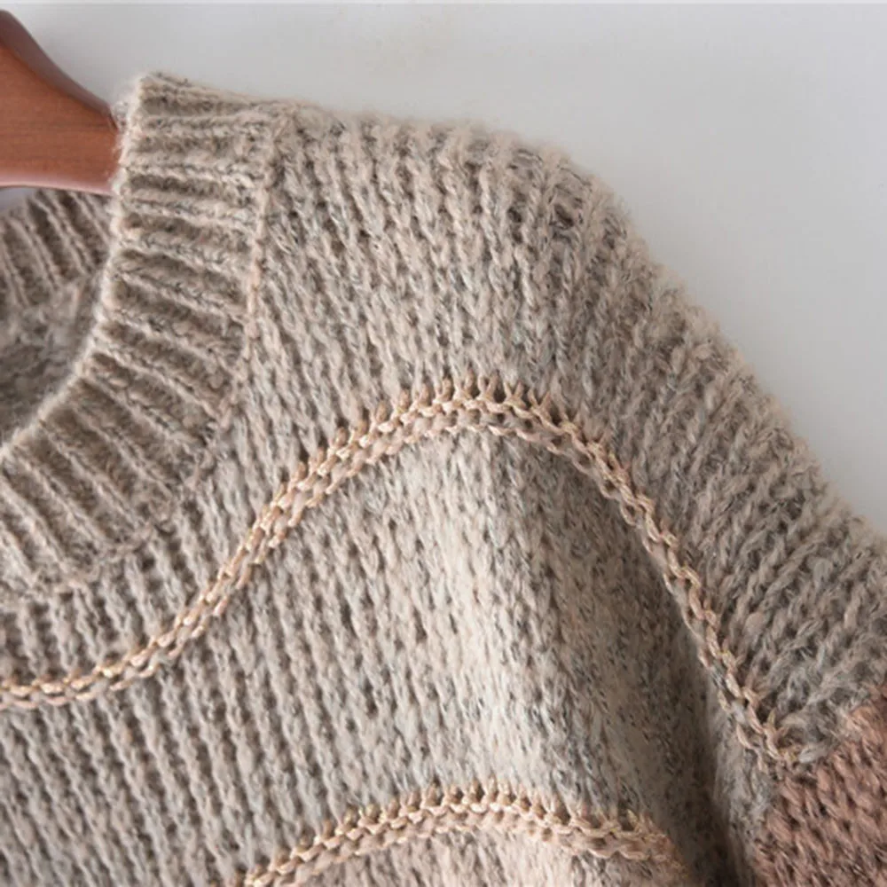 Женский Повседневный полосатый свитер с круглым вырезом и длинными рукавами, Свободный вязаный пуловер, блузка, свитер, свитер