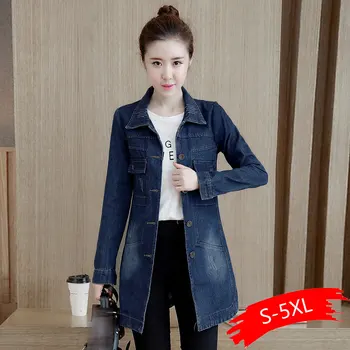 

Autumn Winter Korean Denim Jacket Women Slim Long Base Coat Women's Frayed Navy Blue Plus size Jeans Jackets Coats Cool 5XL