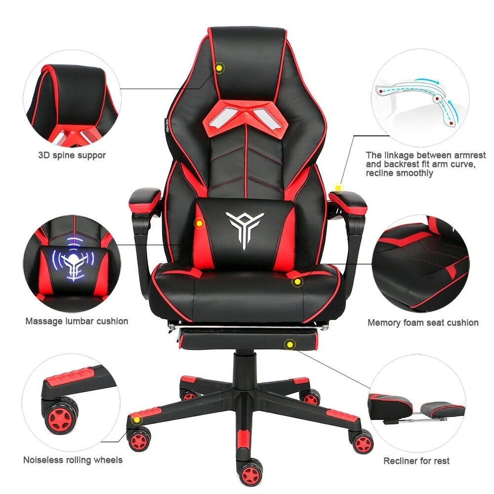  Ergonomic Racing Gaming Chair Video Games PU Leather Office Swivel Recliner Computer Seat Footrest