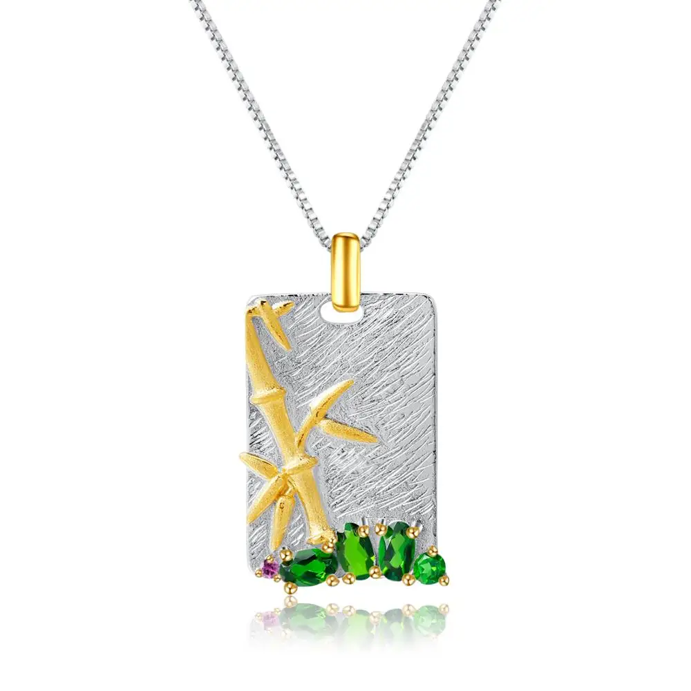 GEM'S BALLET Natural Chrome Diopside Gemstones Pendant 925 Sterling Silver Handmade Creative Bamboo Necklace for Women Wedding