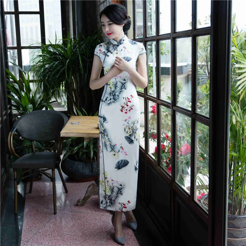 

2019 Spring And Summer New Style Fashion Real Silk Short Sleeve Retro Chinese-style Printed Cheongsam Sexy Dress