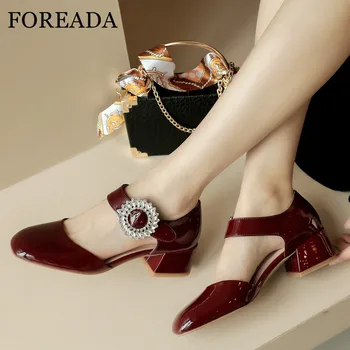 

FOREADA Woman Shoes Two Piece High Heels Crystal Chunky Heel Ladies Footwear Square Toe Female Pumps Autumn Wine Red Black 33-43