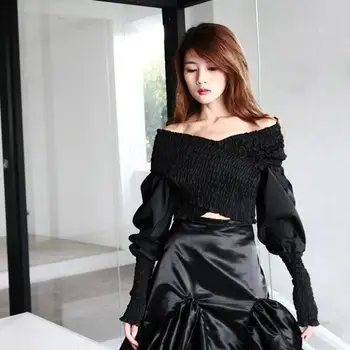 

2020 Women Spring Autumn New Street Style Black V Neck Off Shoulder Short Shirt Slim Long Lantern Sleeve Chiffon Tops Fashion