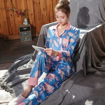 

2020 Simulation Silk Pajamas Women Spring Summer Thin Section Big Flower Color Matching Korean Sexy Pajamas Home Service Suit