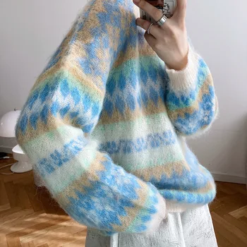 

Yeeloca Autumn Mohair Rainbow Stripes Sweater Women's Casual U-collar New Arrive Pullovers Korean Fashion Mohair Loose Sweater