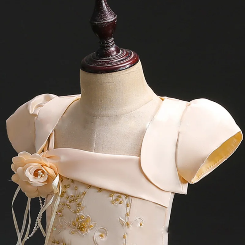 Детская одежда в европейском и американском стиле платье на бретельках для девочек высококачественное атласное свадебное платье принцессы с вышитыми цветами для девочек - Цвет: Vest-champagne