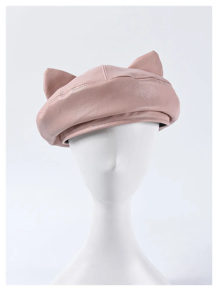 Новинка, Модный берет с ушками из искусственной кожи, женские береты, одноцветные розовые милые французские шапки Kawaii, кошачьи шапки, уличная Кепка, 5 цветов