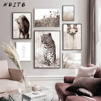 

Scandinavian Poster Print Reed Nature Landscape Canvas Painting Leopard Lion Animal Wall Art Picture Nordic Style Home Decor