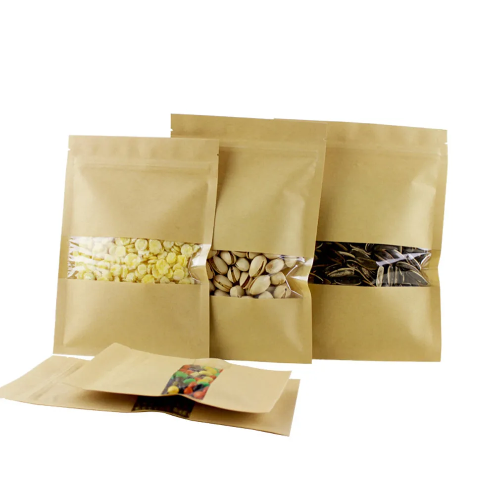 50pcs Kraft Paper Zip Lock Bag With Clear Window Zipper Grip Seal Tear Notch Reusable Resealable