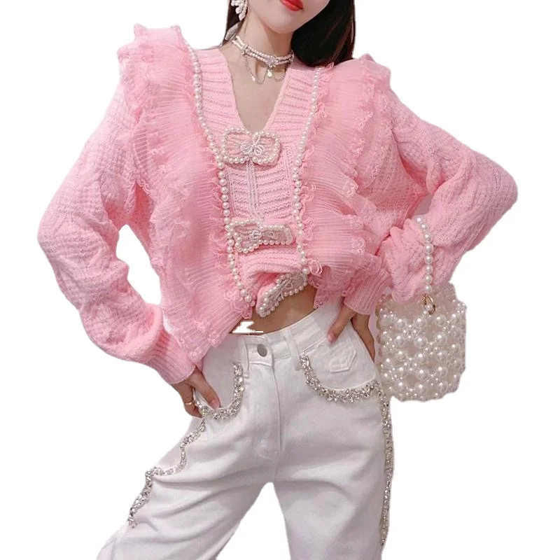 2021 Sweater Korean Sweet Bowknot Pearl Beaded Tassel Lace Stitching Loose Slim Knit Sweater Top Spring and Autumn cute sweaters