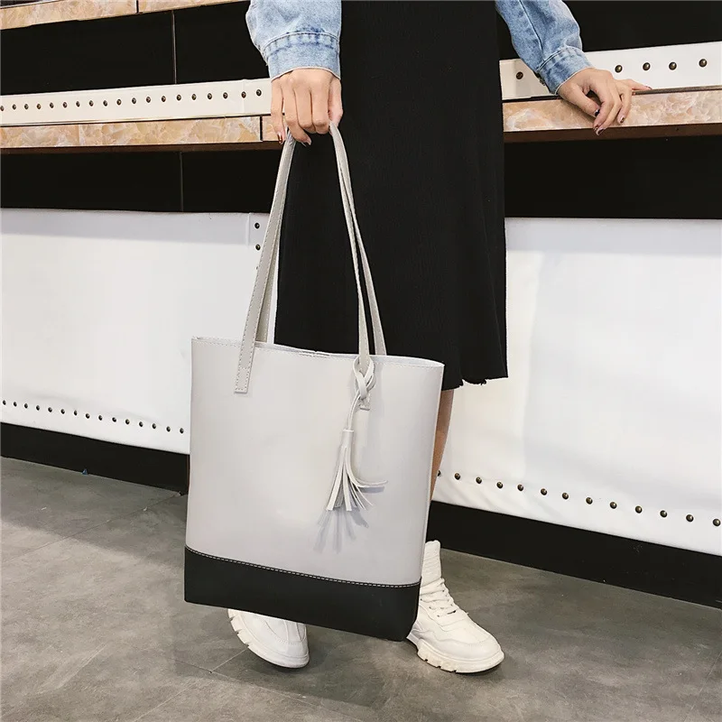 

Simple Large Bag 2018 New Style Korean-style Pu Contrast Color Women's Verticle Handbag Casual Tassels Shoulder Bag