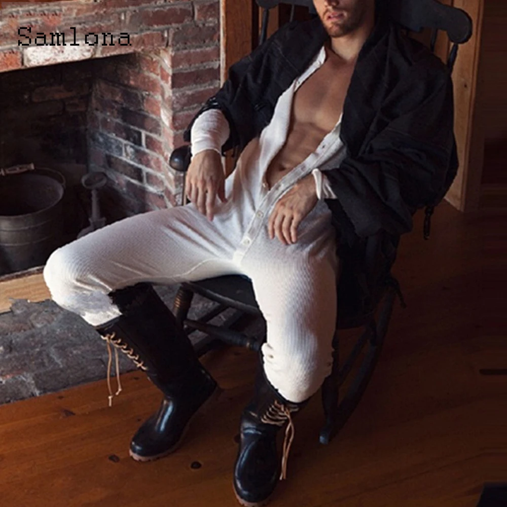 Sexy Thin Pants Summer onesie Jumpsuit Mens One-piece Wetlook Bodysuit White Fashion New Open Crotch Playsuits Men Clothing