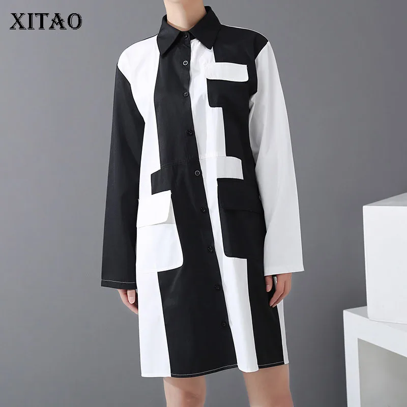 XITAO черно-белое контрастное платье женское однобортное с длинным рукавом