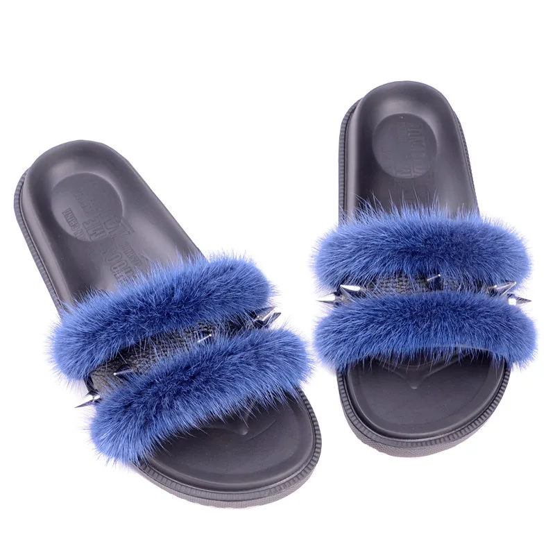 Европейские Шлепанцы из меха норки оригинальные шлепанцы в стиле панк на весну