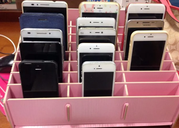 24 Lattice Wood Mobile Phone Storage Box Creative Office Conference Organizing Desktop Management Remote Controller Pen Storage