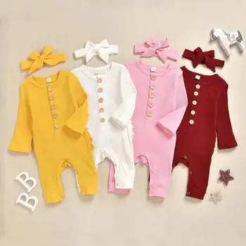 

2020 Spring Newborn Baby Girl Ribbed Romper Solid Kids Knitted Cotton Romper Jumpsuit+ Headband Baby Girl Clothes 2pcs Outfits