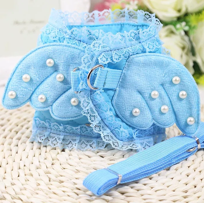 Синий Summer Pet Small Dog Cat Harness pearl Princess Angel Wing Lead Leash set For Small Medium Dogs Pet Vest Harness - Цвет: Синий