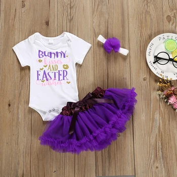 

Pudcoco Newborn Baby Girl Clothes Easter Bunny Print Short Sleeve Romper Tops Tutu Tulle Skirt Headband 3Pcs Outfits Clothes