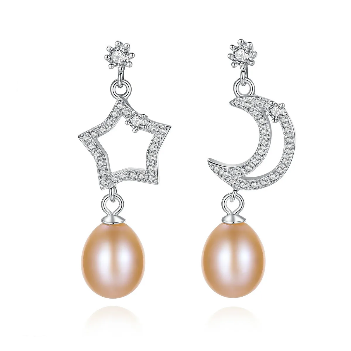 

YUEYIN Hot Sale 2019 New Style Real Silver Earrings Moon and Star 8-9mm Nature Pearl Earromgs for Women Elegant Charming Fine