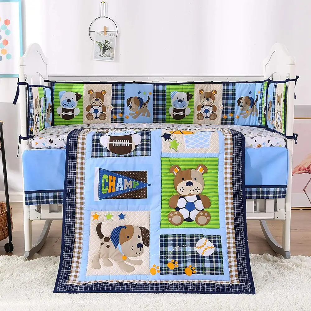 7PCS embroidered baby bedding set crib bed cartoon Baby Safe tour de lit bébé (4bumper+duvet+bed cover+bed skirt) | Мать и ребенок