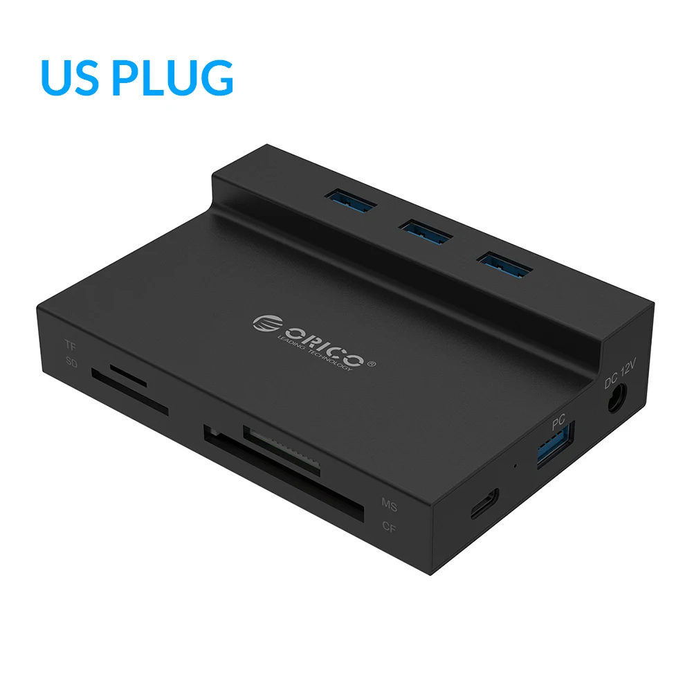 ORICO USB 3.0 HUB to Multi USB3.0 RJ45 SD/TF/MS/CF Type C Adapter Splitter Card Reader Dock Support BC1.2 Charging For Computer - Color: Black US Plug