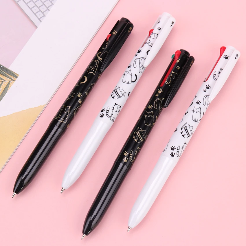 

4 In 1 Four-Color Black And White Cat Multicolor Ballpoint Pen Lovely Office Student Stationery Supplies