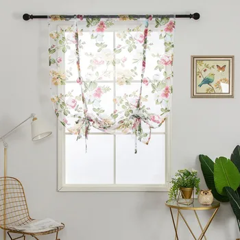 

Rod Pocket Chiffon Roman Curtains Peony Floral Semi Sheer Bowknot Tie-Up For Kitchen Living Room Decorations 46 X 63 Inch