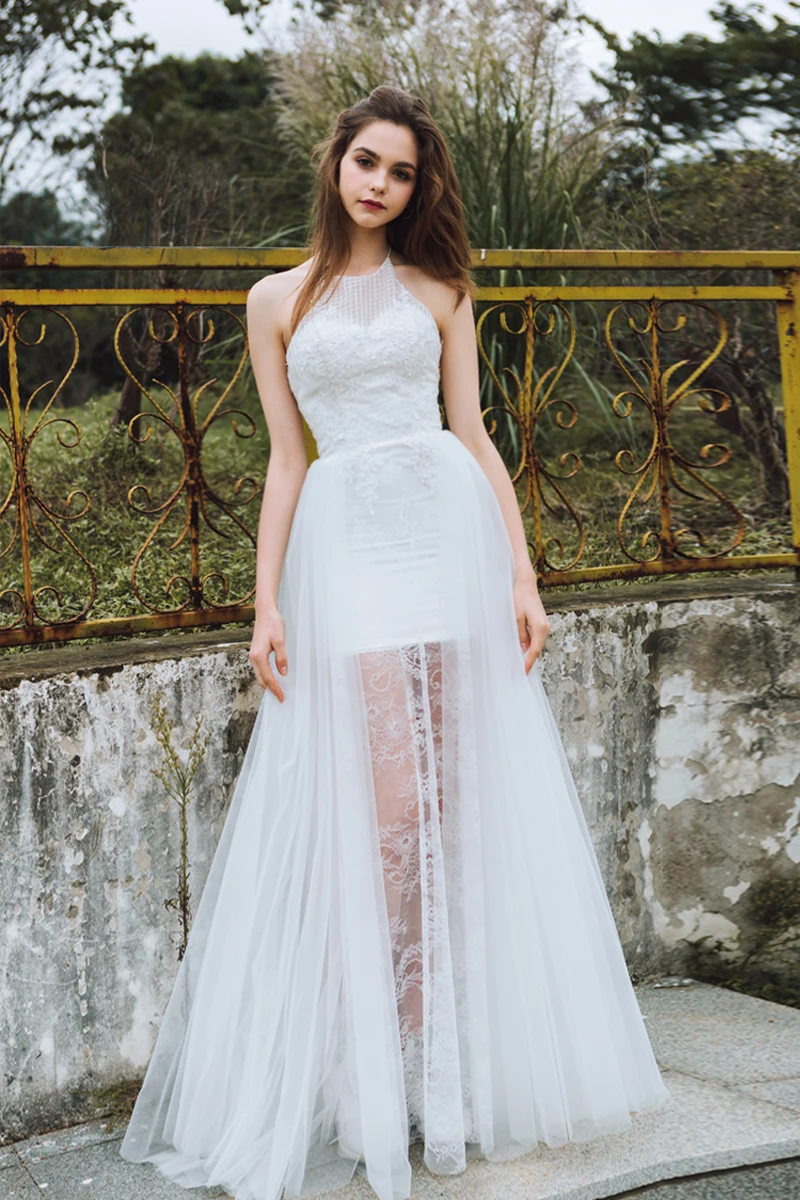 

New Arrival White Lace Wedding Dresses Long A line O Neck Sweep Trian Lace Up Bridal Wedding Party Dresses 2019 Two Pieces