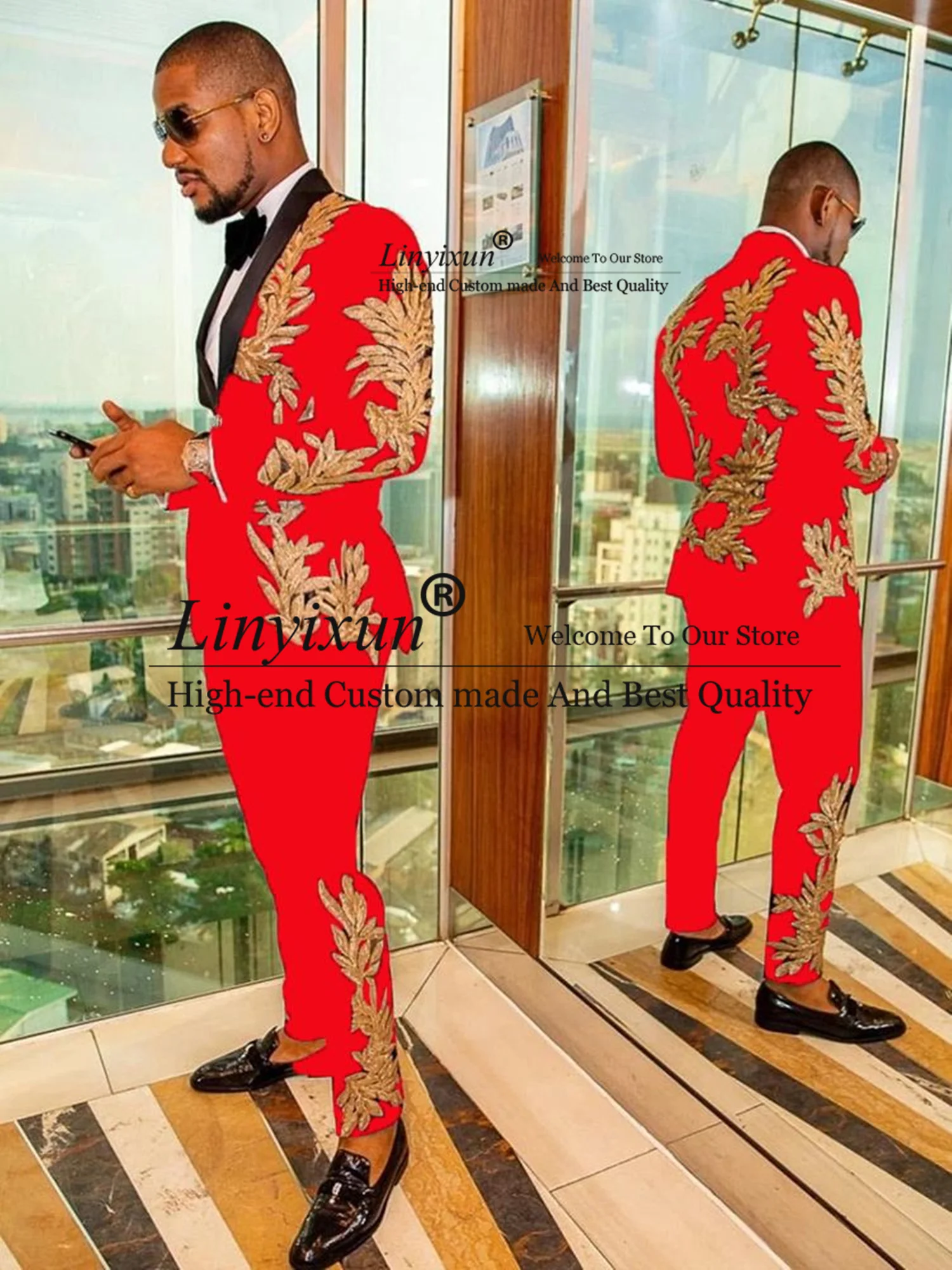Shiny Beaded Gold Embroidery Mens Slim Fit Suits 2 Piece Sets (Jacket +Pants) Groom Tuxedos Male Business Blazer Terno Masculino for mens suit