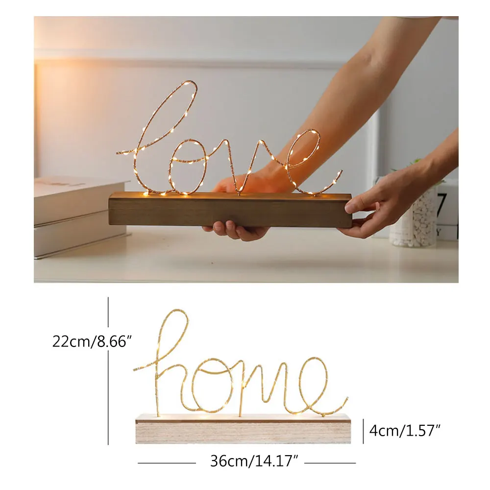 Светодиодный ночник с надписью LOVE & HOME деревянным основанием для украшения дома