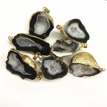 

New Fashion Natural Stone Reiki Druzys Pendants&Necklace Brazilian Electroplated Gold Edged Slice Open Black Agates Geode Drusy