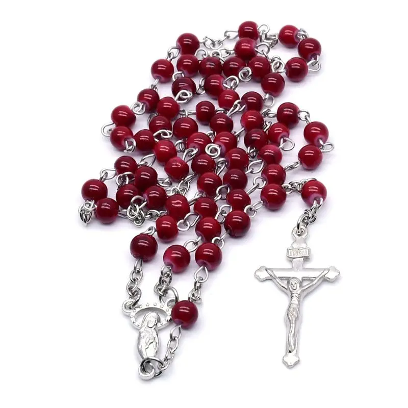 6 мм стеклянные четки бусины Иисуса крест кулон ожерелье Шарм цепи ювелирные изделия Христос T8WB