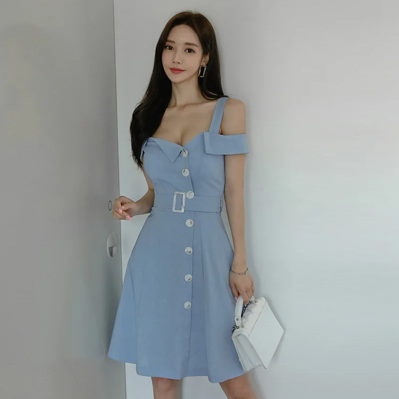 

2019 New Style WOMEN'S Dress off-Shoulder Double Breasted Waist Hugging Slimming Sheath Dress WOMEN'S Dress