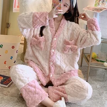 Winter Flannel Thick Pajamas for Women Pink Warm Sleepwear Femme Plants Home Wear Lounge Teens Girls Pijama Sets Nightwear Pink