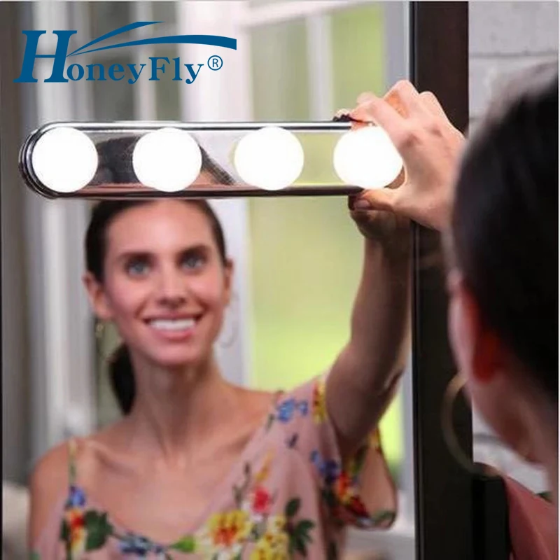 HoneyFly Led Makeup Mirror Light  4 Bulb Suction Cup Installation Dressing Table Vanity Light Wall Lamp AA Battery Powered