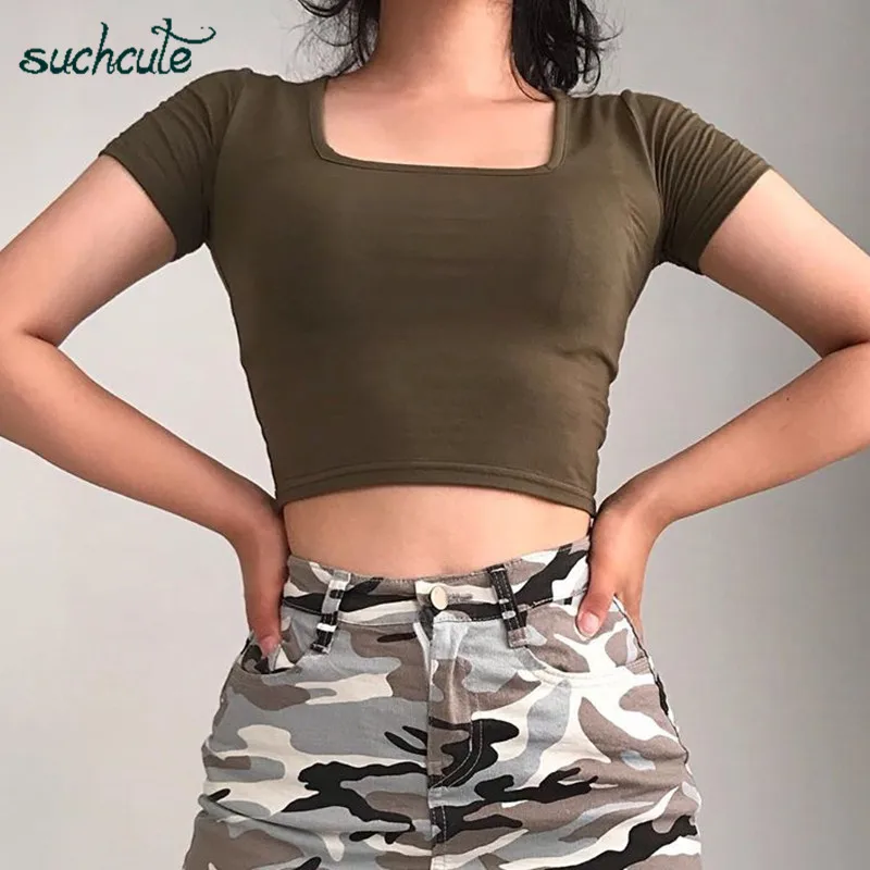 SUCHCUTE tight Female T-Shirts square neck short sleeve cotton tee spring 2020 streetwear Modis solid tshirt women party outfits