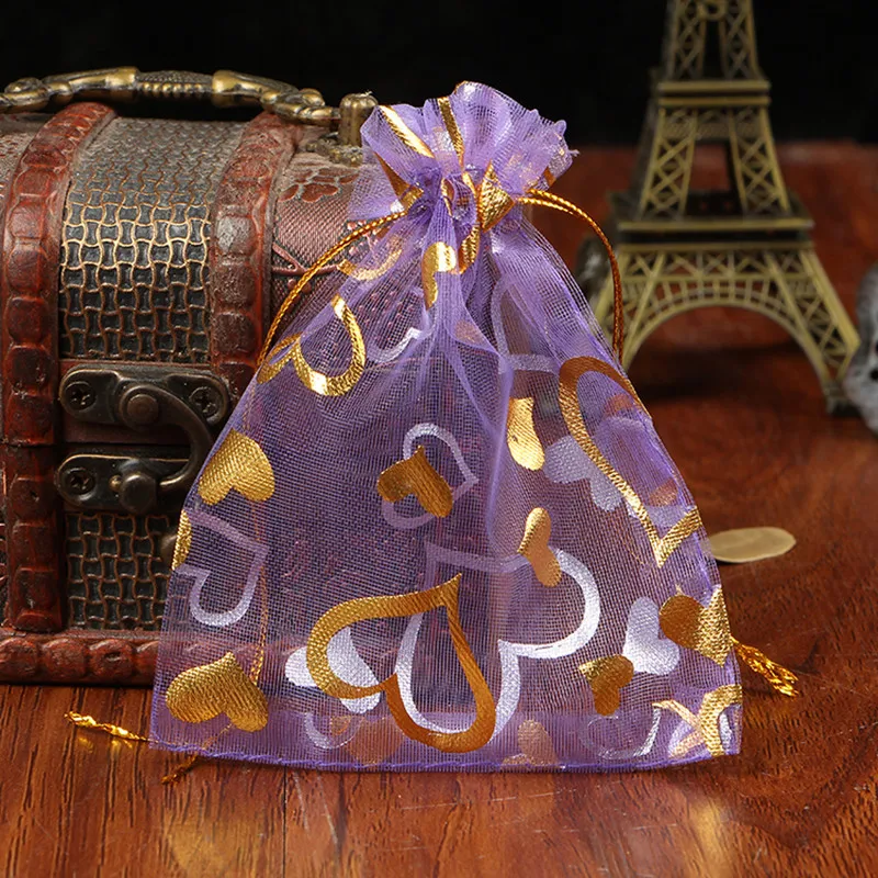 100 шт 9x12 см сердце печать свадебная сумочка из органзы конфеты ювелирные изделия Упаковка Сумки органза ювелирные изделия мешочек для подарков 7ZSH324