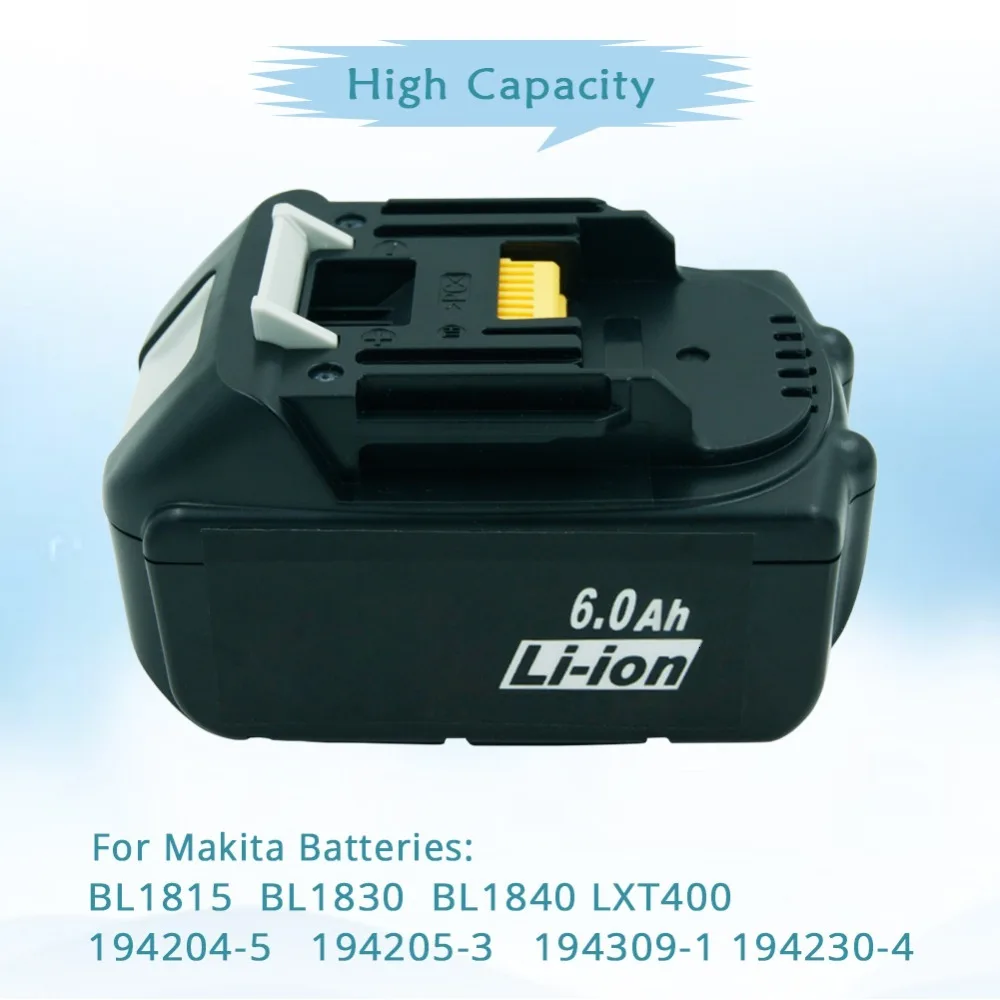 2 шт BL1860 18V 6000 мА/ч, Перезаряжаемые Li-Ion Батарея для Makita Мощность инструменты 194309-1 BL1815 BL1830 BL1840 LXT400 светодиодный светильник
