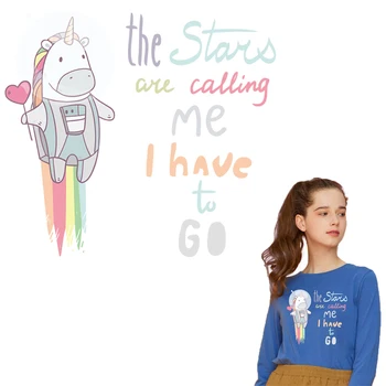 

Funny Unicorn Patches Thermal Transfer Stickers On Clothes Diy Decoration For T-Shirts Heat Transfer Patches Kids Space Stickers
