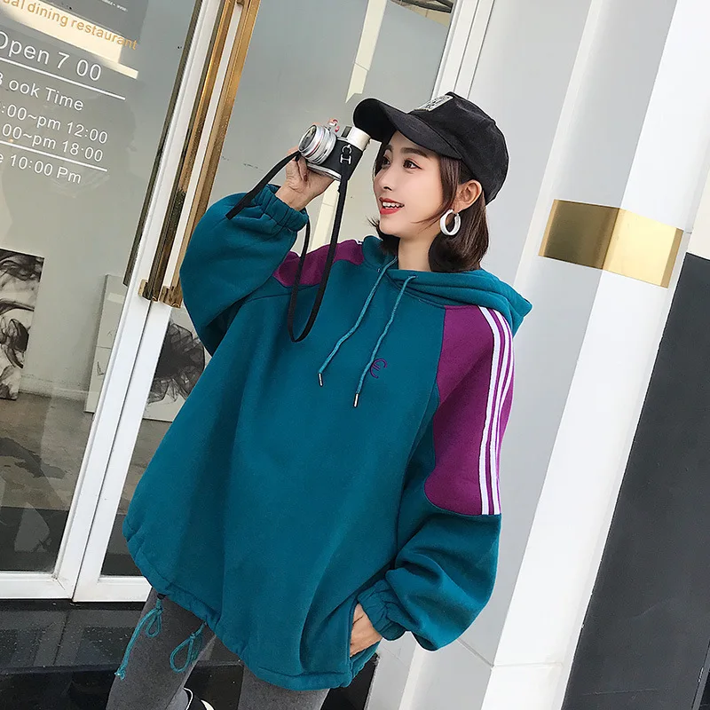 

Autumn Spring Fleece Hooded Sweatshirt Women Green Oversized Long Sleeve Pullover Hoodie Loose Streetwear Knitted Coat Woman