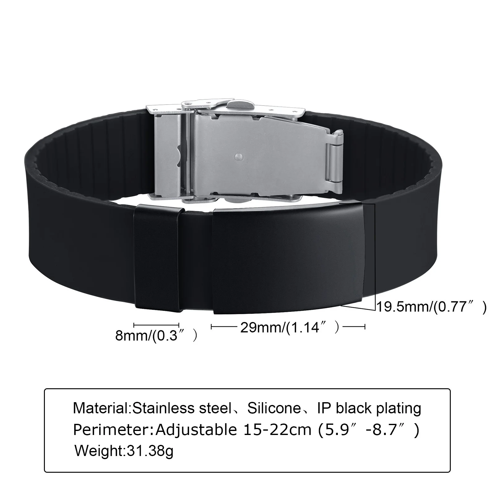 Silicone bracelet for men women casual with stainless steel medical tag length adjustable