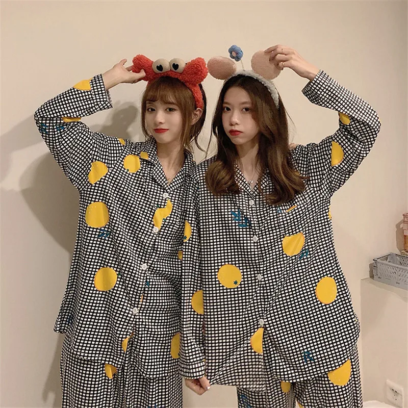 

2020 New Loose and Comfortable Long-sleeved Tops Home Service Two-piece Suit Sweet Plaid Pajamas Women's Autumn and Winter