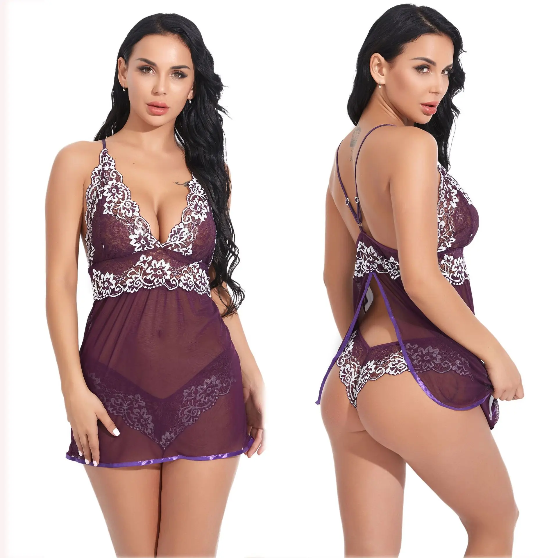 

Women Charming V neck New Plus Size Lace Sexy Lingerie Sleeveless Nightwear Print Babydoll Pajama suit Nightgown Sleepwear