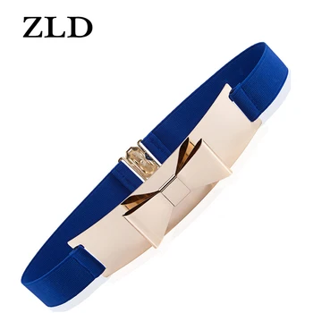 

ZLD Fashion Women's Elastic Belt Embellished Metal Keeper Metallic Bling Big Gold Mirror Bow Wide Obi Belts For Women