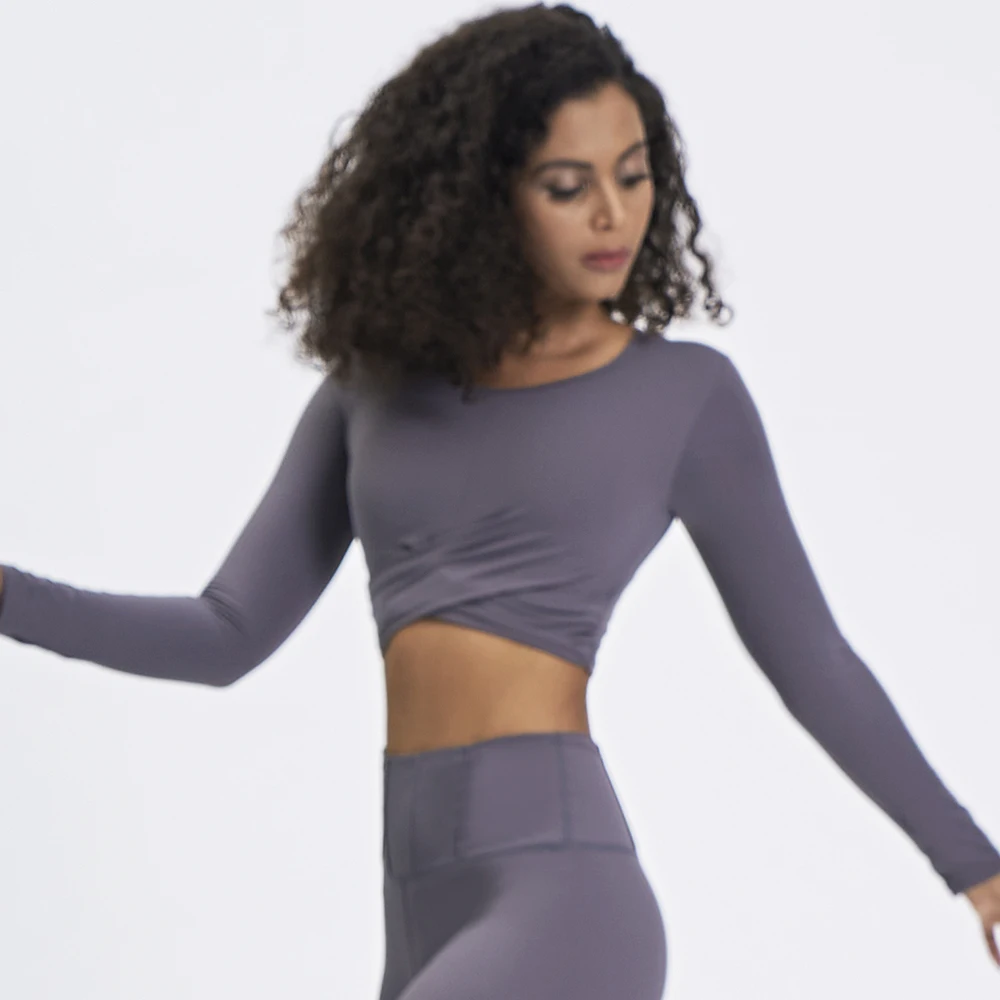 

Women Yoga Top Padded Long Sleeves Gathering Shock Proof Cross T Shirt