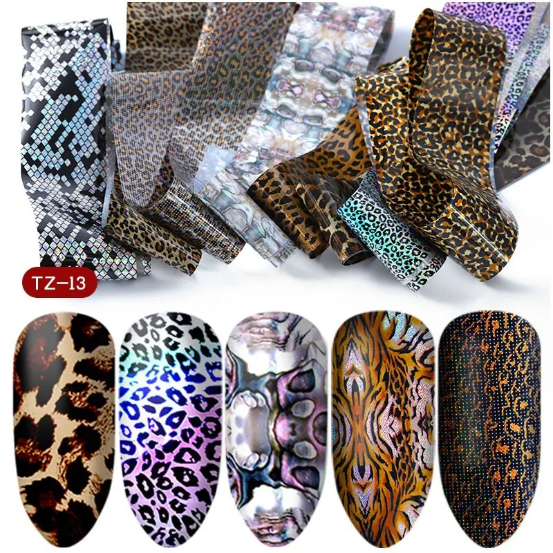 FlorVida 10pcs/set 4*120cm Nail Foil Stickers Leopard Pattern Decal Design for Nails Salon Wholesale Nail Art Foil Decoration