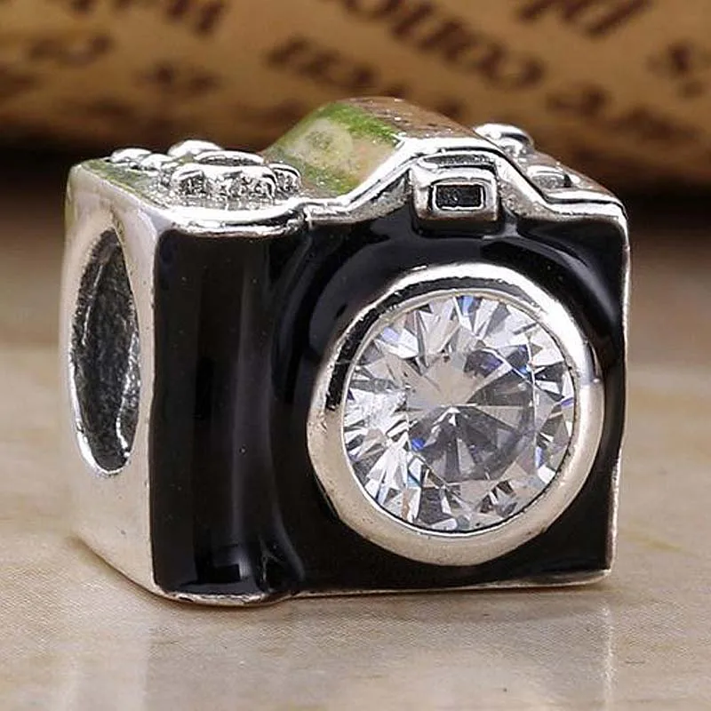 

Оригинальная Черная эмалированная камера с хрустальными бусинами подходит для бусин из стерлингового серебра 925 пробы Шарм-браслет ювелирные изделия своими руками