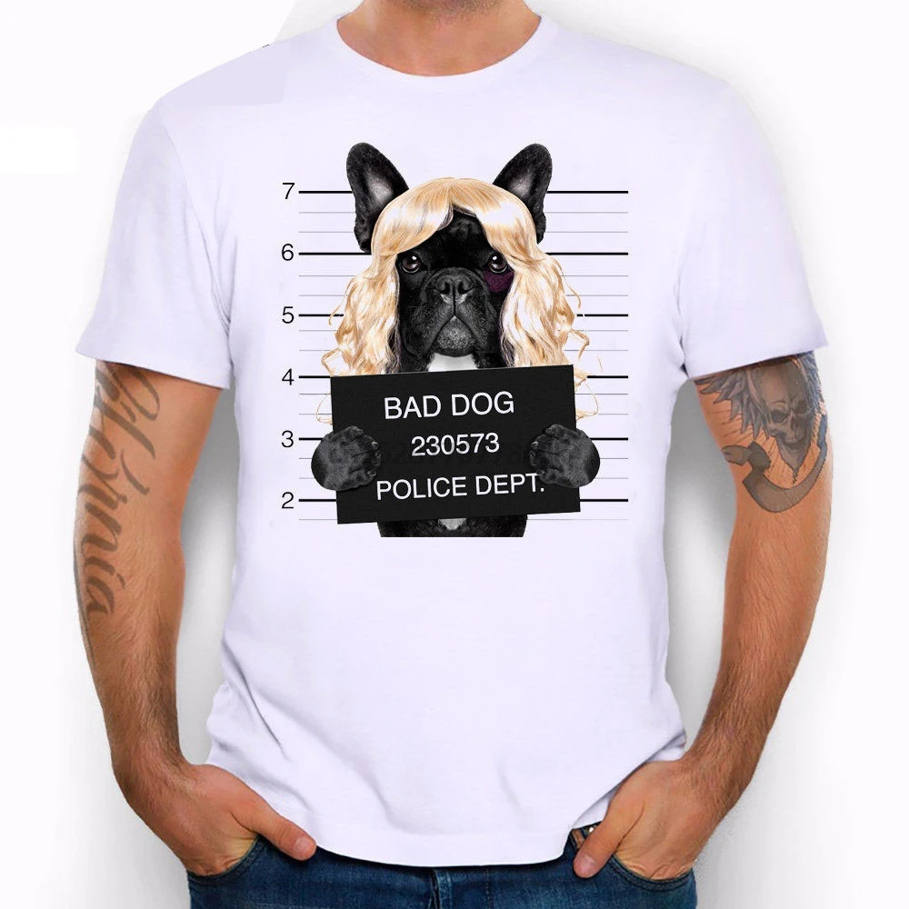 Wanted Bad Dog Mugshot мисс Французский бульдог парик смешная шутка Мужская футболка |