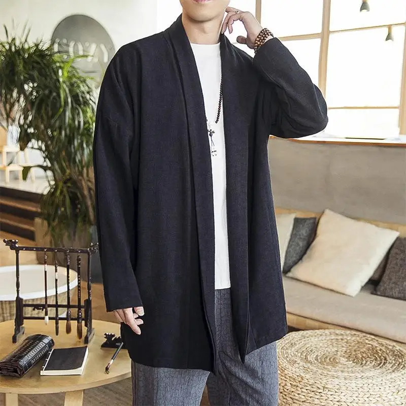 Новинка, Мужская Однотонная рубашка Haori с длинными рукавами, самурайская косплей, юката, азиатская хлопковая блузка, японская одежда в стиле кимоно, свободная ветровка - Цвет: Черный